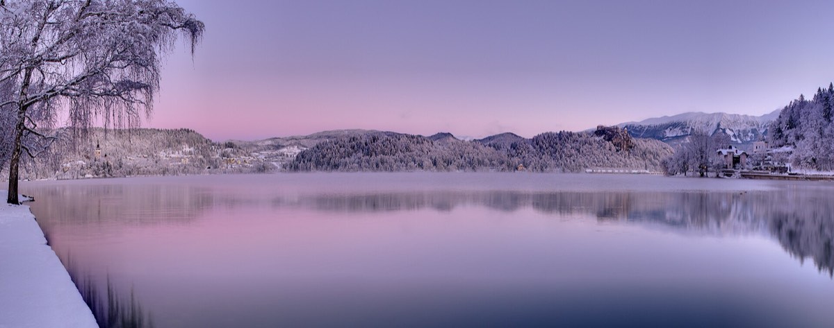 Lake Bled with its island church and the Julian Alps behind